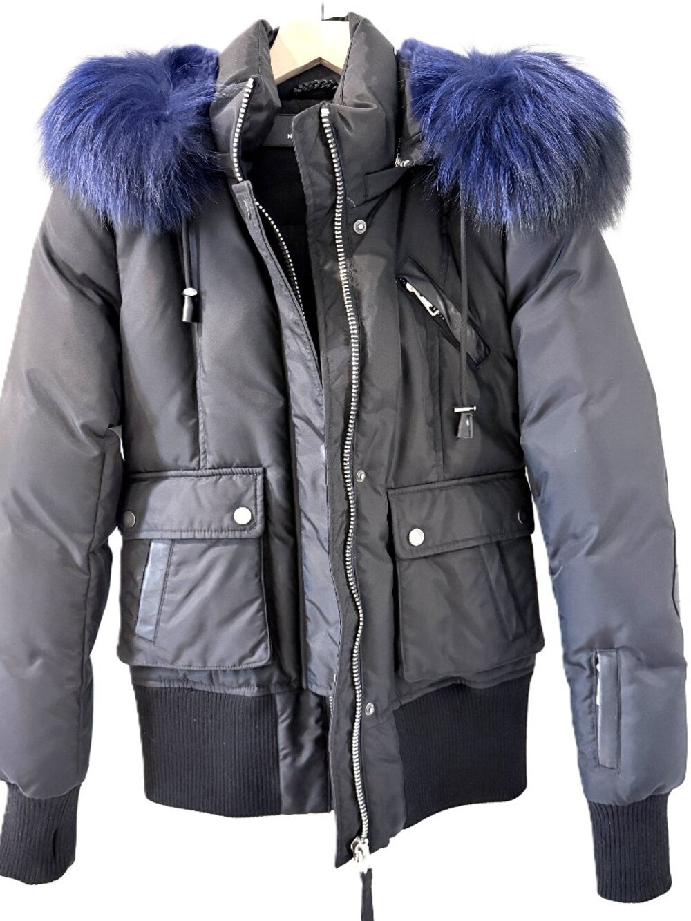 Nicole Benisti Down Coat Black with Leather and Blue Fur Trim Size: XS